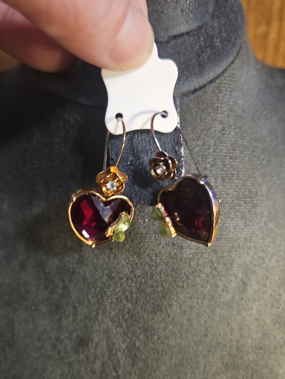 Vintage Gold-Tone Heart Drop Earrings with Deep Burgundy Stones & Green Accents
